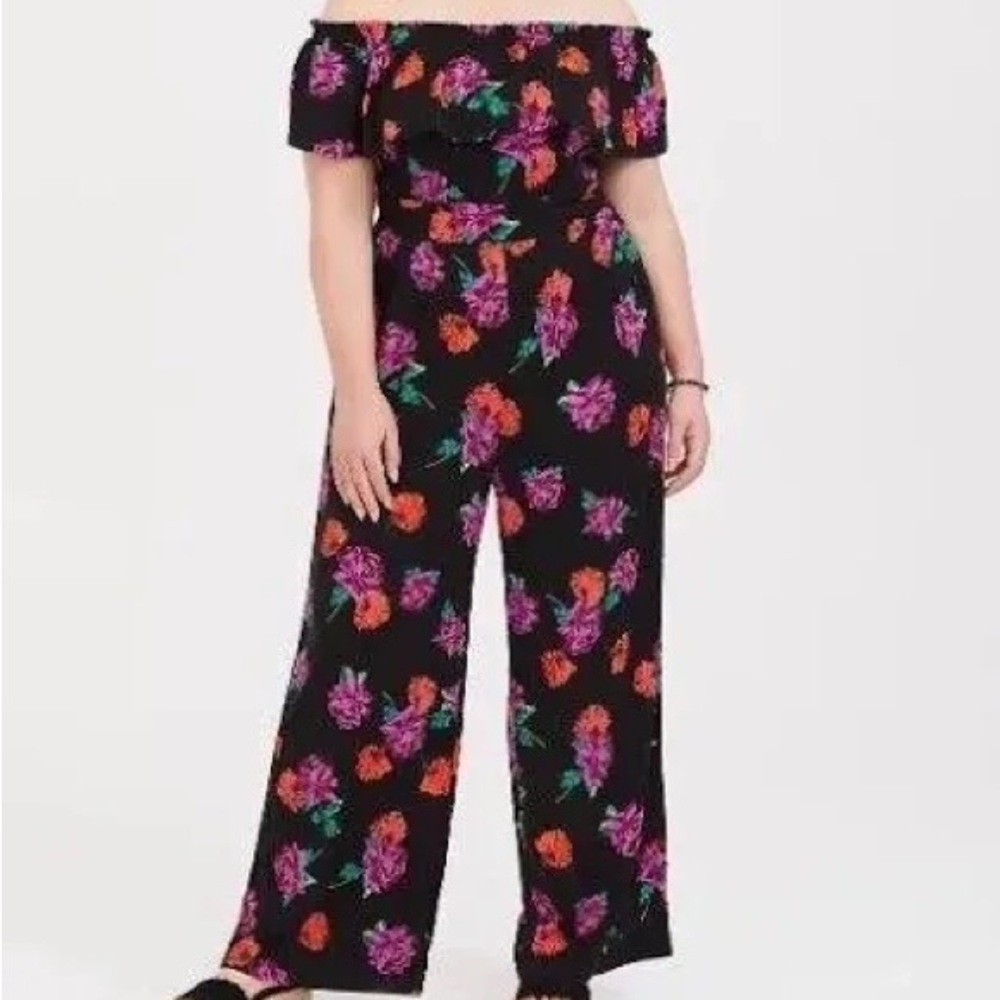 Torrid Black Floral Off Shoulder Wide Leg Jumpsuit